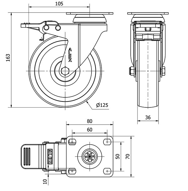 R.GIR.PLACA FRENO 10BHAFD125-UTR POLIAMIX BLANCO EJE RODILLOS