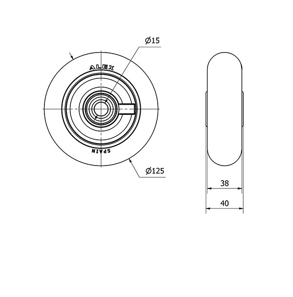 RUEDA AUAB125-15-40 NUCLEO ALUM.Y BANDA POLIUR.NARANJA BOLAS BALONA