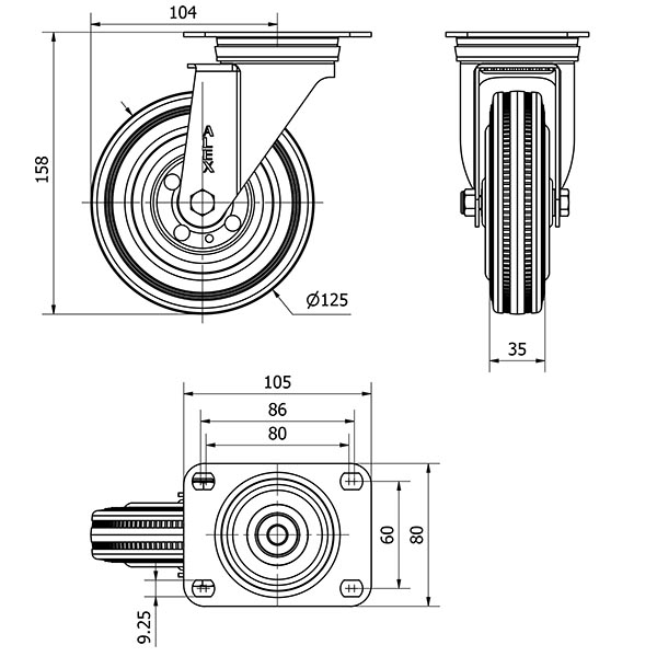R.GIR.PLACA 10ZVL125-BSR METALICO-GOMA NEGRA EJE RODILLOS
