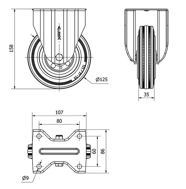 R.FIJA 17ZVL125-BSR METALICO-GOMA NEGRA EJE RODILLOS