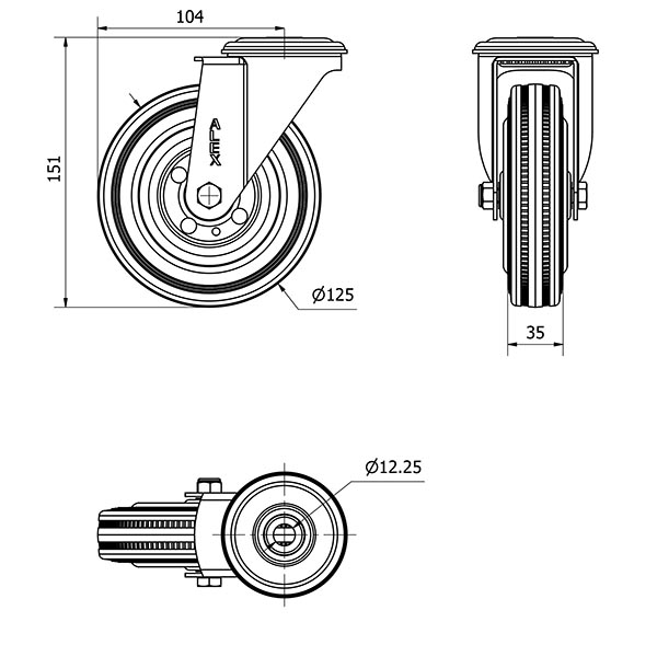 R.GIR.AGUJERO M12 20ZVL125-BSR METALICO-GOMA NEGRA RODILLOS