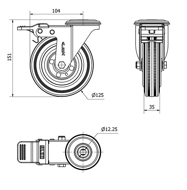 R.GIR.AGUJERO M12 FRENO 20ZVLFD125-BSR METALICO-GOMA NEGRA RODILLOS