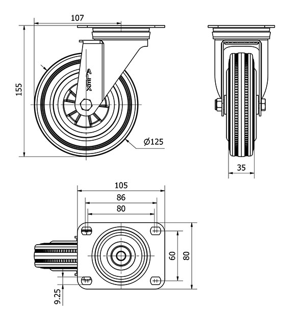 R.GIR.PLACA 10ZVL125-PSN POLIAMIX-GOMA NEGRA EJE LISO