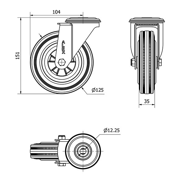 R.GIR.AGUJERO M12 20ZVL125-PSN POLIAMIX-GOMA NEGRA EJE LISO