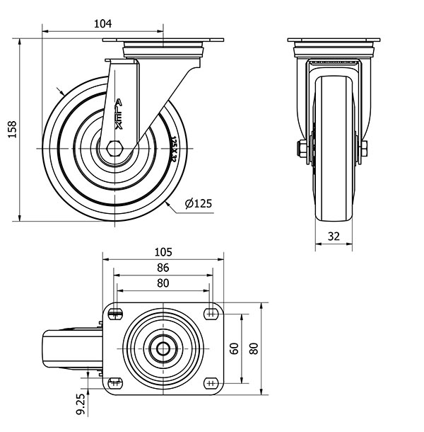 R.GIR.PLACA 10ZVL125-PGAN POLIAMIX-GOMA GRIS EJE LISO