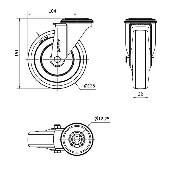 R.GIR.AGUJERO M12 20ZVL125CP-PGASB POLIAMIX-GOMA GRIS EJE BOLAS