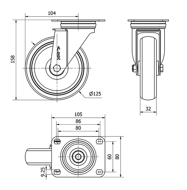 R.GIR.PLACA 10ZVL125-PGZN POLIAMIX-GOMA GRIS INYECT.EJE LISO