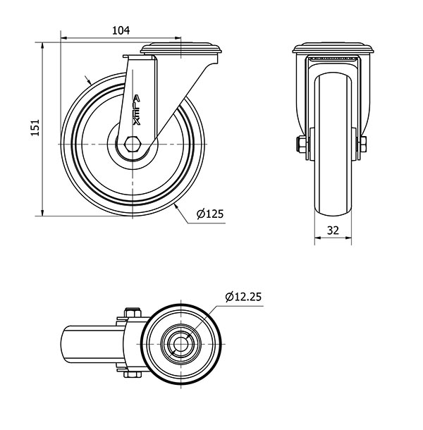 R.GIR.AGUJERO M12 20ZVL125-PGZN POLIAMIX-GOMA GRIS INYECT.EJE LISO