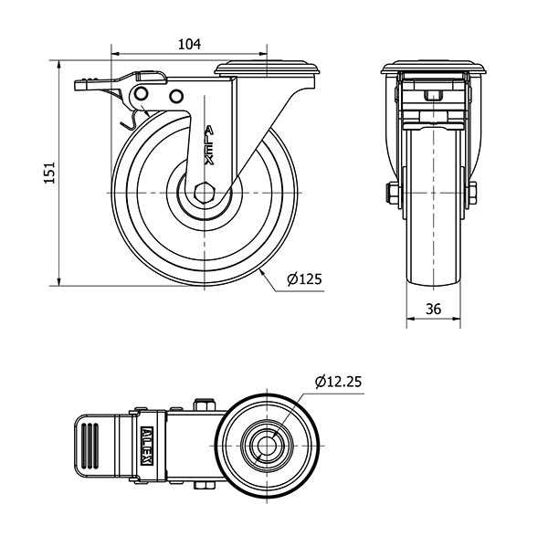 R.GIR.AGUJERO M12 FRENO 20ZVLFD125-UTR POLIAMIX BLANCO EJE RODILLOS