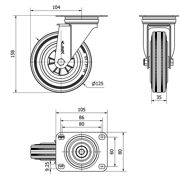 R.GIR.PLACA INOX.10ZVLI125-PSN POLIAMIX-GOMA NEGRA EJE LISO
