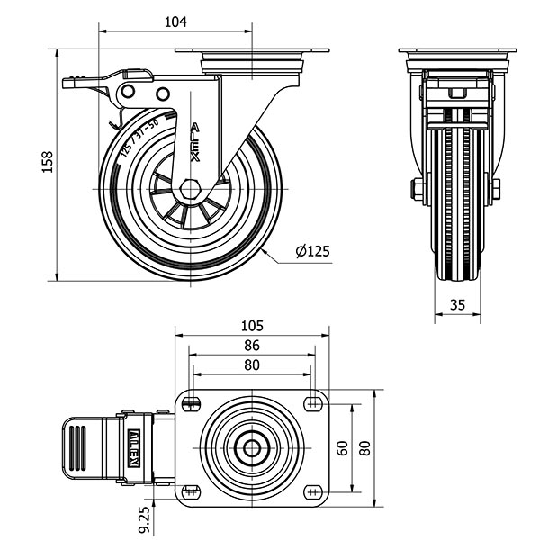 R.GIR.PLACA FRENO INOX.10ZVLIFD125-PSN POLIAMIX-GOMA NEGRA EJE LISO