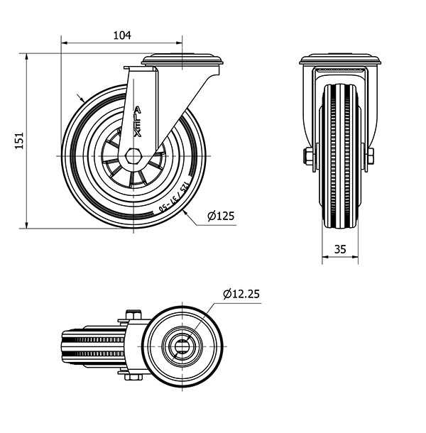 R.GIR.AGUJERO M12 INOX.20ZVLI125-PSN POLIAMIX-GOMA NEGRA EJE LISO