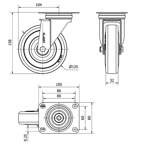 R.GIR.PLACA INOX.10ZVLI125-PGAN POLIAMIX-GOMA GRIS EJE LISO