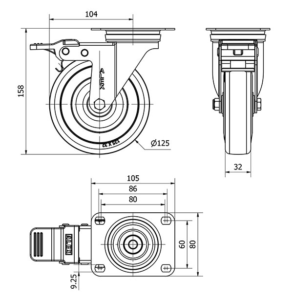 R.GIR.PLACA FRENO INOX.10ZVLIFD125-PGAN POLIAMIX-GOMA GRIS EJE LISO
