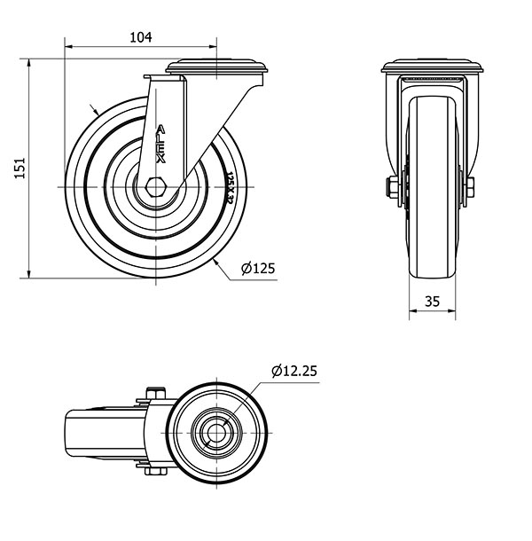 R.GIR.AGUJERO M12 INOX.20ZVLI125-PGAN POLIAMIX-GOMA GRIS EJE LISO