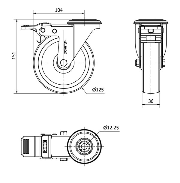 R.GIR.AGUJERO M12 FRENO INOX.20ZVLIFD125-UT POLIAMIX BLANCO EJE LISO