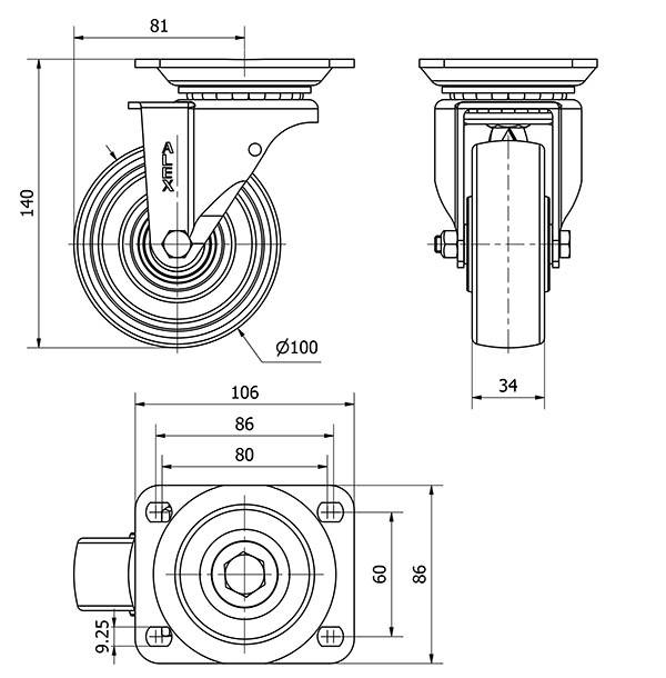 R.GIR.PLACA 10TV100-TTB RESINA NEGRA EJE BOLAS