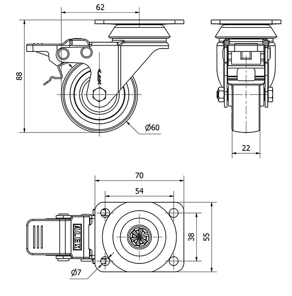 R.GIR.PLACA FRENO NEGRA 10BHFD60-PGIA POLIAMIX-GOMA GRIS EJE LISO