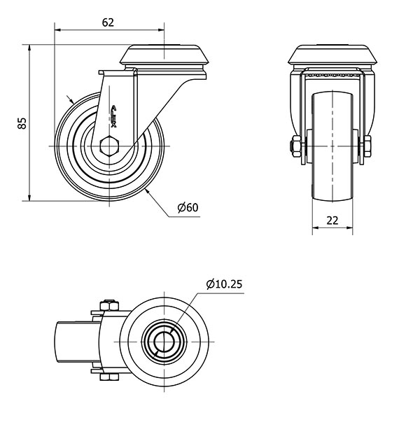 R.GIR.AGUJERO M10 NEGRA 20BH60-PGIA POLIAMIX-GOMA GRIS EJE LISO