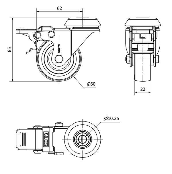 R.GIR.AGUJERO M10 FRENO NEGRA 20BHFD60-PGIA POLIAMIX-GOMA GRIS LISO