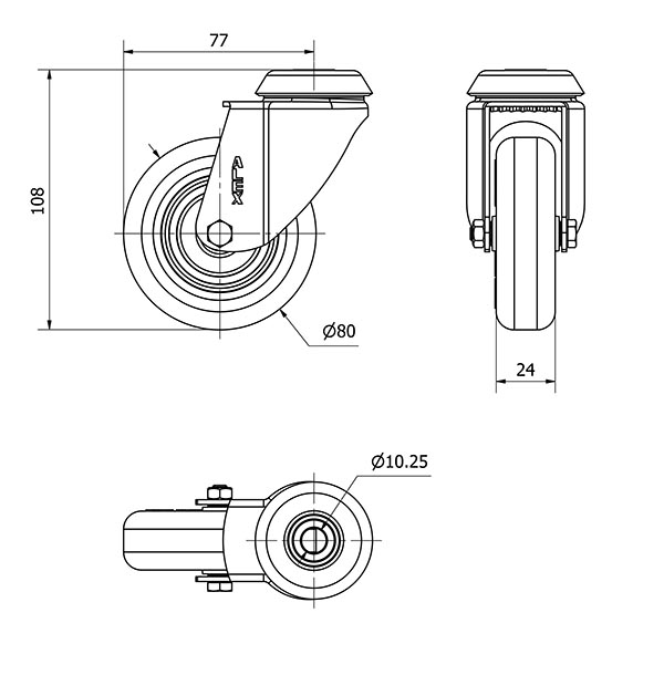 R.GIR.AGUJERO M10 NEGRA 20BH80-PGI POLIAMIX-GOMA GRIS EJE LISO