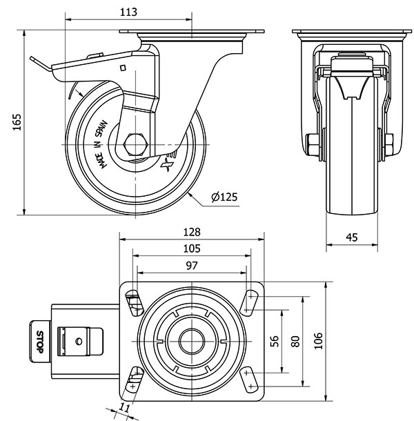 R.GIR.PLACA FRENO INOX.10ZLIFD125A-UT POLIAMIX BLANCO EJE LISO