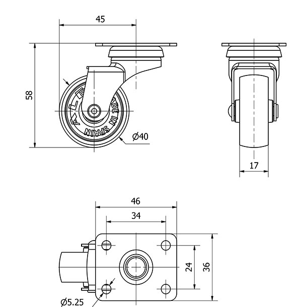R.GIR.PLACA 10BSR40-BP PLASTICO GRIS EJE LISO