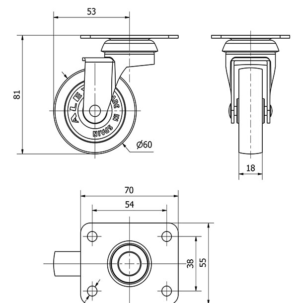 R.GIR.PLACA 10BSR60-BP PLASTICO GRIS EJE LISO