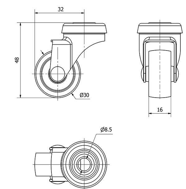 R.GIR.AGUJERO M8 21BR30-BP PLASTICO GRIS EJE LISO