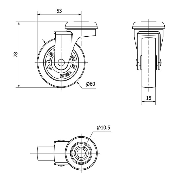 R.GIR.AGUJERO M10 21BR60-BP PLASTICO GRIS EJE LISO