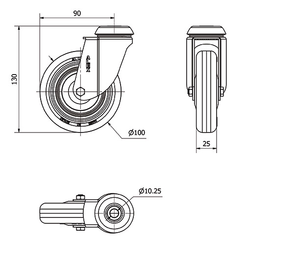 R.GIR.AGUJERO M10 20BH100CP-PLGI POLIAMIX-GOMA GRIS EJE LISO