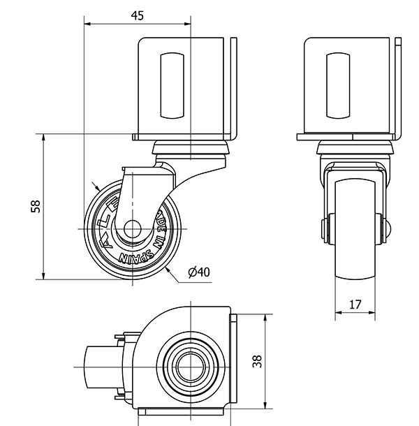 R.GIR.PLETINA ANGULAR 16BSR40-BP PLASTICO GRIS EJE LISO