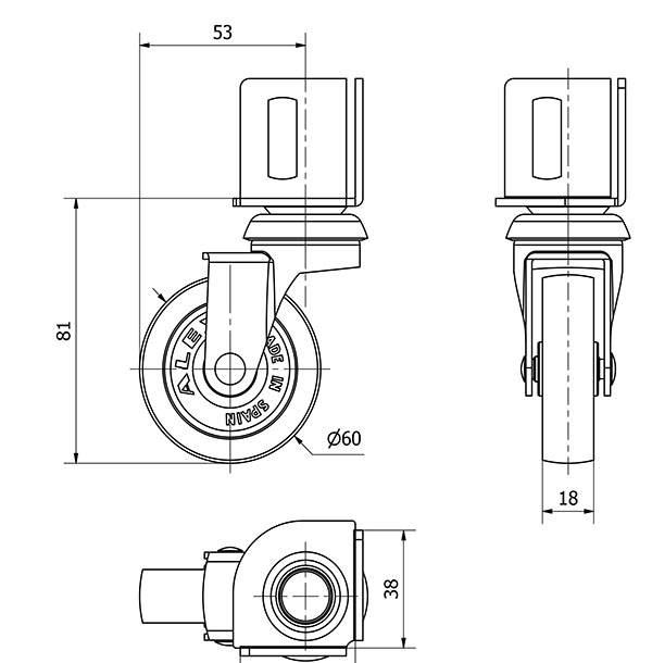 R.GIR.PLETINA ANGULAR 16BSR60-BP PLASTICO GRIS EJE LISO