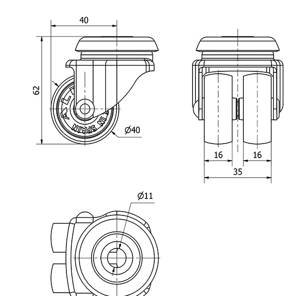 R.GIR.AGUJERO M10 21IBS40-BP PLASTICO GRIS (DOBLE) EJE LISO