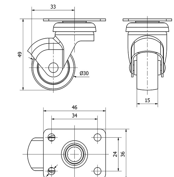R.GIR.PLACA 10HSR30-BP PLASTICO GRIS EJE LISO