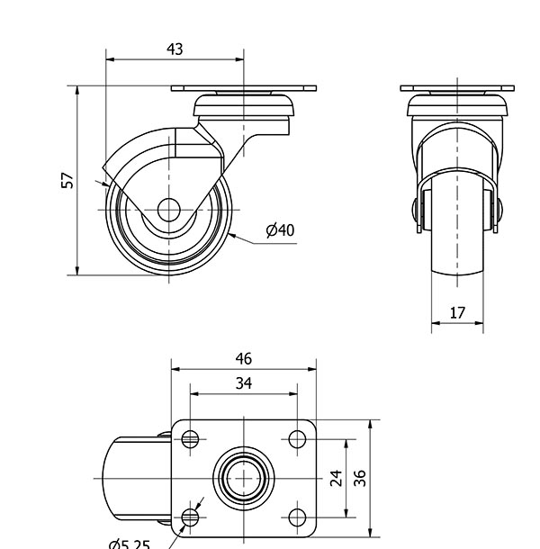 R.GIR.PLACA 10HSR40-BP PLASTICO GRIS EJE LISO