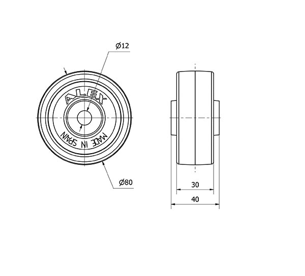 RUEDA FT80-12-40 NYLON BLANCO EXTRAFUERTE EJE LISO