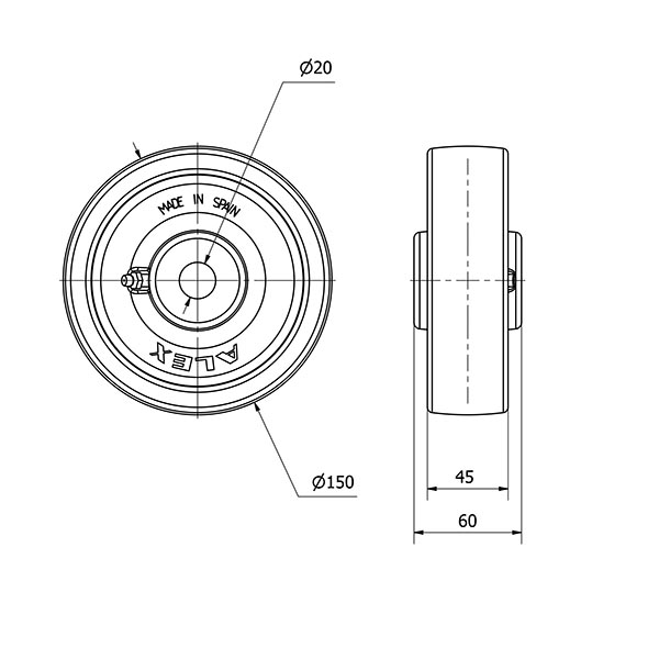 RUEDA FT150-20-60 NYLON BLANCO EXTRAFUERTE EJE LISO
