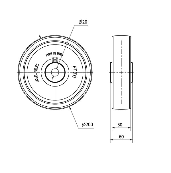 RUEDA FT200-20-60 NYLON BLANCO EXTRAFUERTE EJE LISO