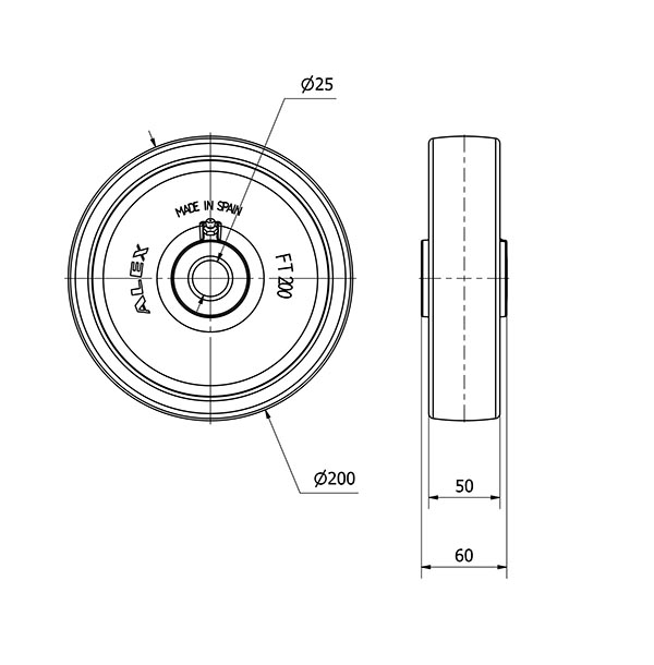 RUEDA FT200-25-60 NYLON BLANCO EXTRAFUERTE EJE LISO