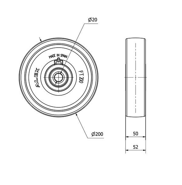 RUEDA FTB200-20-52 NYLON BLANCO EXTRAFUERTE EJE BOLAS
