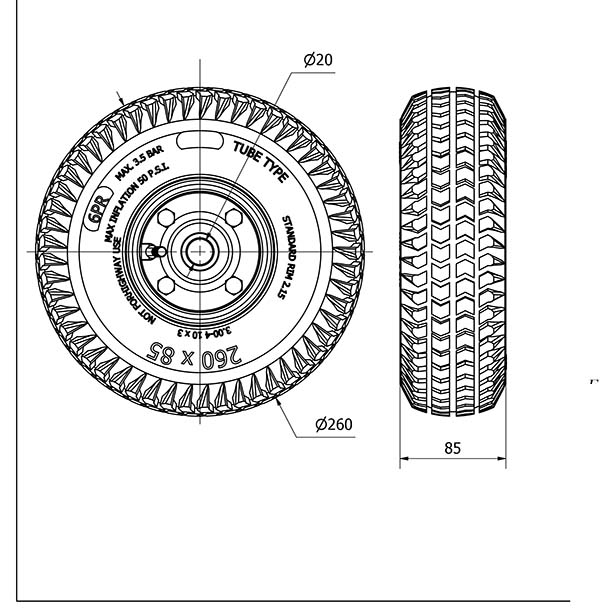 RUEDA NEUMATICA (TACO GRUESO) RITB260-20-75 NUCLEO METALICO BOLAS
