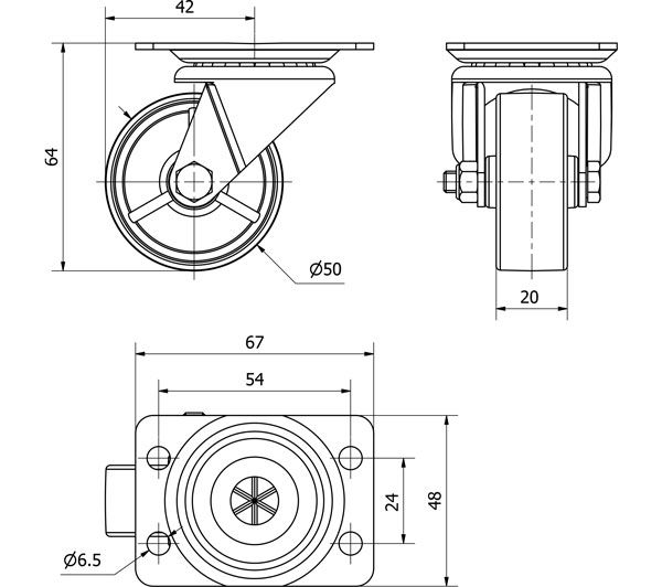 R.GIR.PLACA 10-61-50-FT NYLON BLANCO EXTRAFUERTE EJE LISO