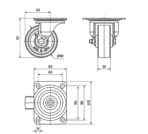 R.GIR.PLACA 10-61-80-FT NYLON BLANCO EXTRAFUERTE EJE LISO