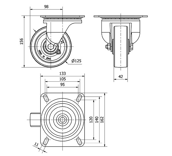 R.GIR.PLACA 10-61-125-FT NYLON BLANCO EXTRAFUERTE EJE LISO