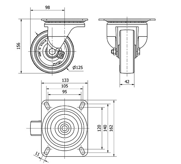 R.GIR.PLACA 10-61-125-PO NYLON BLANCO-POLIUR.ROJO EJE LISO