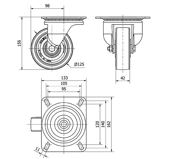 R.GIR.PLACA 10-61-125-POB NYLON BLANCO-POLIUR.ROJO EJE BOLAS