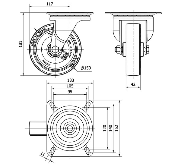 R.GIR.PLACA 10-61-150-PO NYLON BLANCO-POLIUR.ROJO EJE LISO