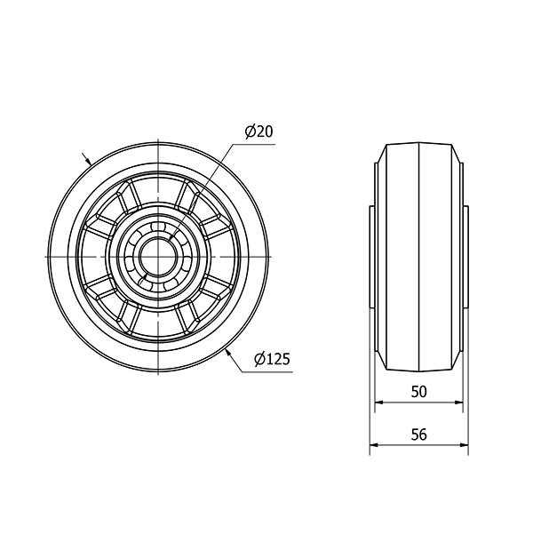 RUEDA DEB125-20-56(TWIN)NUCLEO ALUMINIO Y BANDA GOMA NEGRA ELAST.BOL