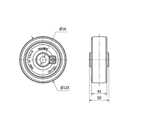 RUEDA PO125-16-52 NUCLEO NYLON BLANCO Y BANDA POLIUR.ROJO EJE LISO
